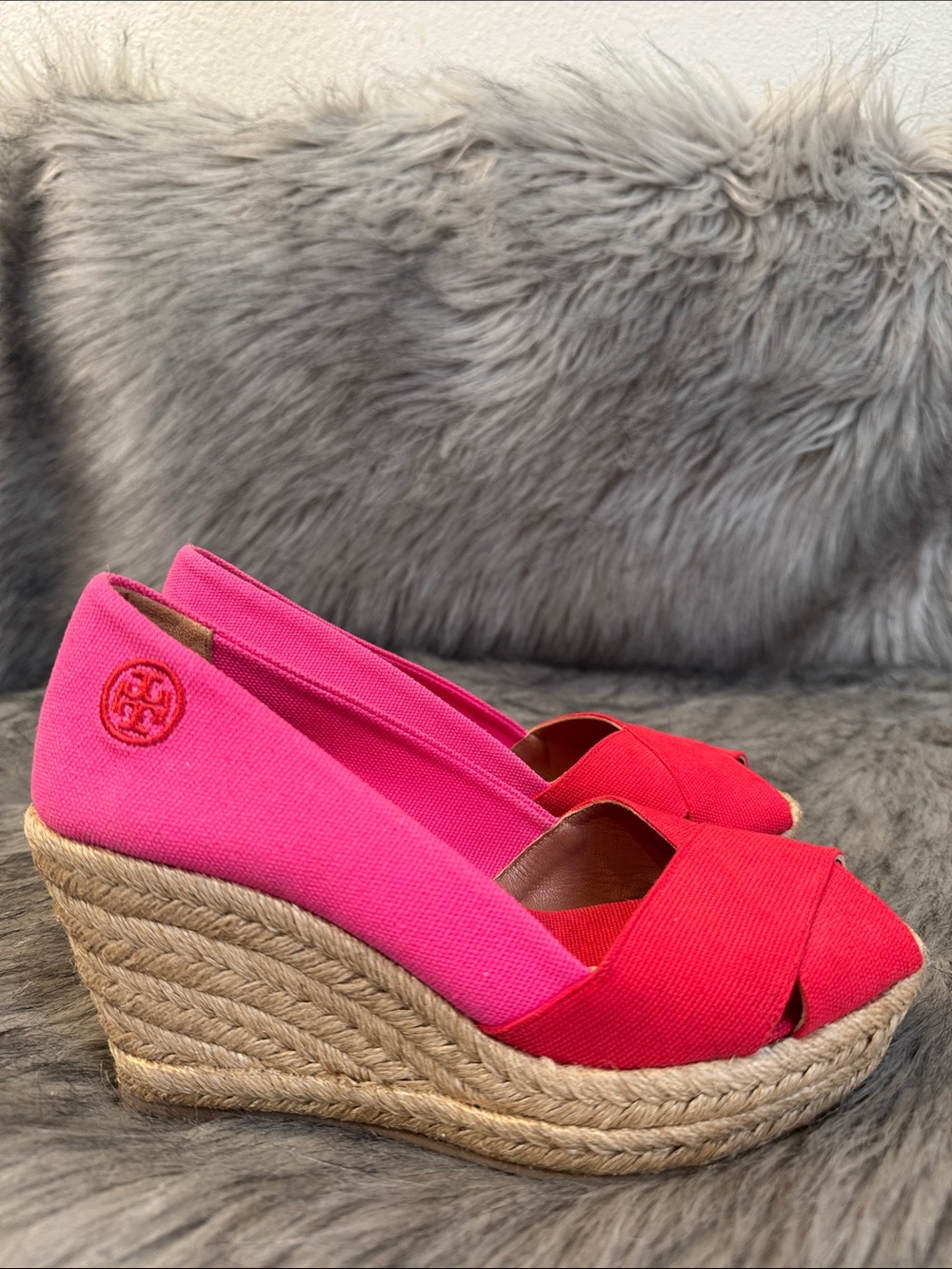 Tory Burch Pink and Red Canvas Espadrille Wedges Size 5.5